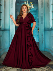 Plus Size Black Chiffon Evening Gown with V-Neck 3D Floral Ruffle Hem Short Sleeves Floor Length