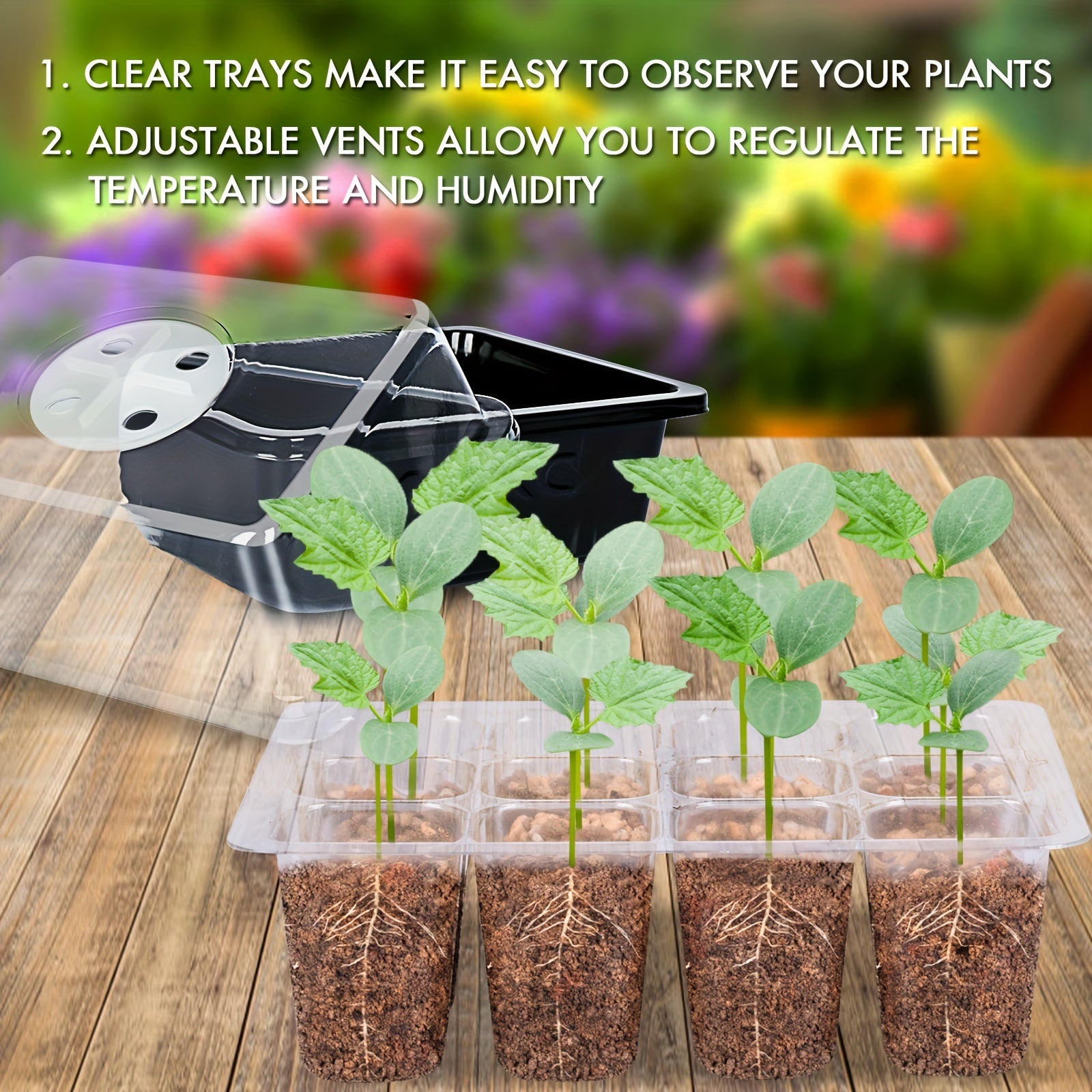 Seed Starting Tray with 120 Cells, Elevated Lids, Adjustable Humidity Vents, Green and Black