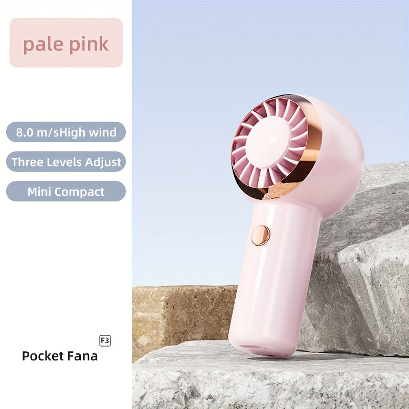 Mini handheld fan with rechargeable battery white pink blue travel outdoor modern cylindrical shape