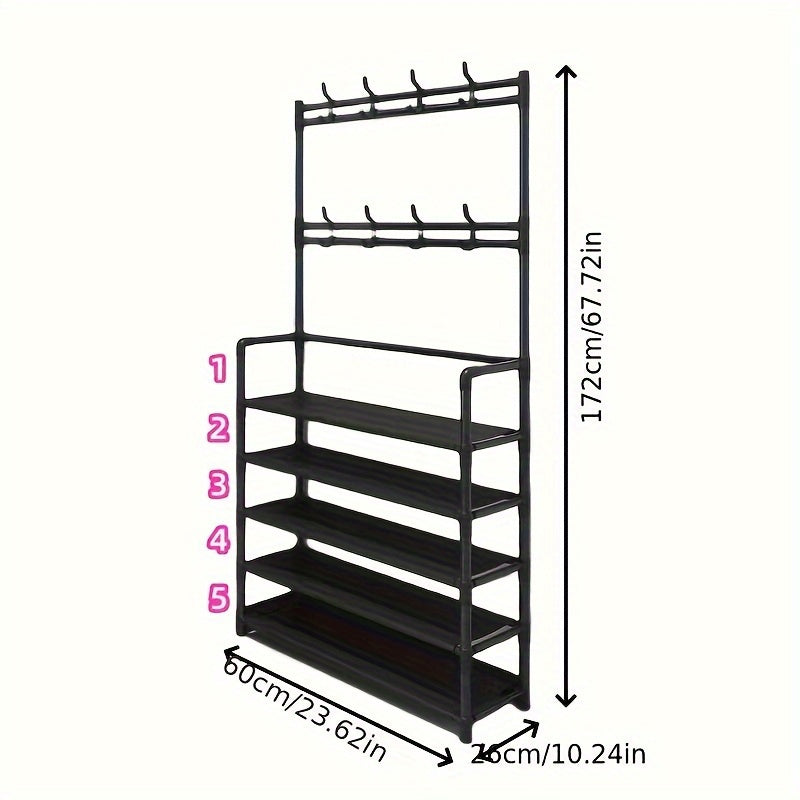 Metal Storage Rack with Varnished Finish and Coat Hanger for Bedroom and Entryway in Black or White