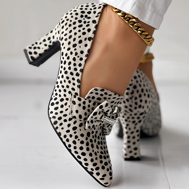 Women's Cheetah Print Pumps Rhinestone Bow Slip-On Pointed Toe Chunky Heels