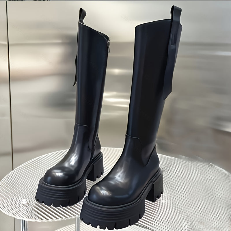 Women's Leather Chunky Heel Boots Black Side Zipper Slip-Resistant