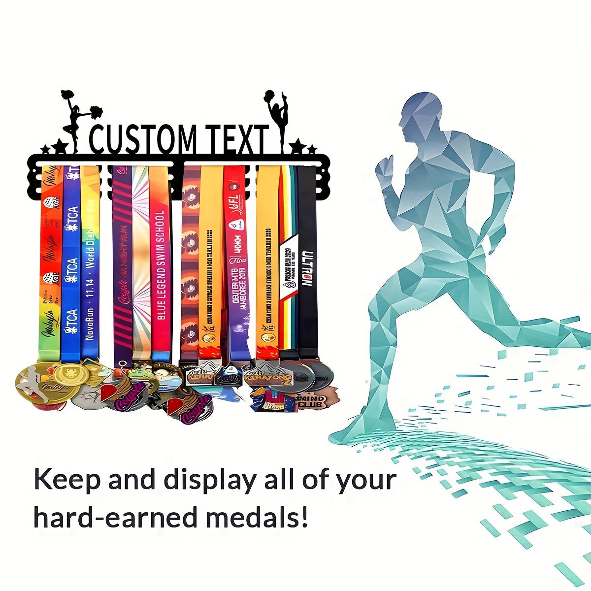 Black Art Deco Style Wall Mount Medal Display Rack with Hooks for Home and Outdoor Decor