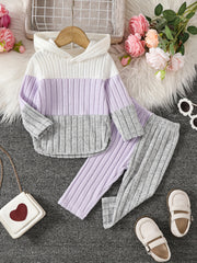 Girls' Hoodie and Pants Set in Blue and Gray with Long Sleeves and Stretchy Polyester Blend for Autumn and Winter