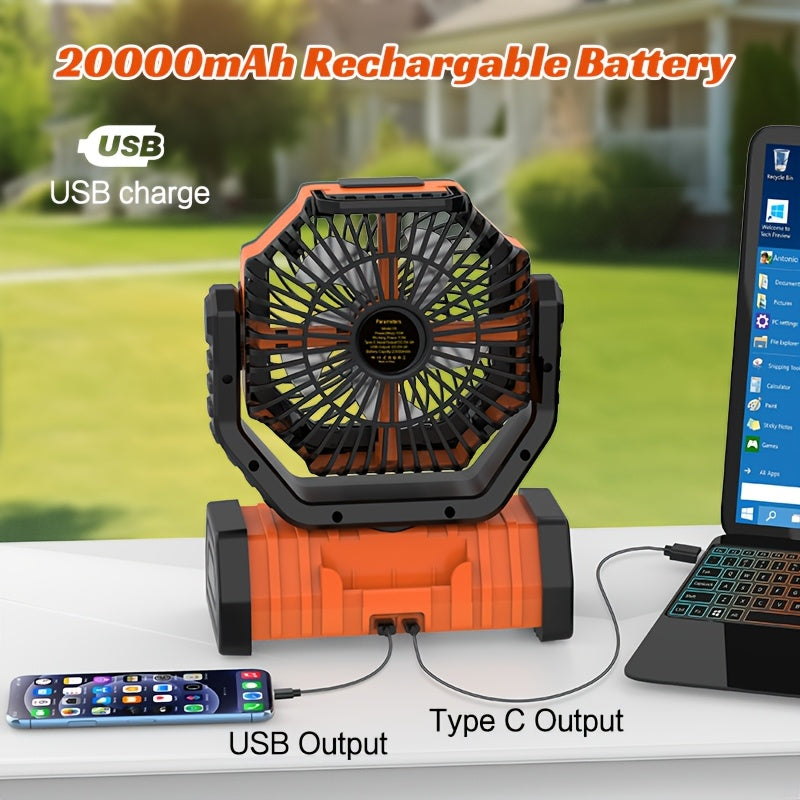 Portable Camping Fan with 20000mAh Power Bank LED Light USB Rechargeable