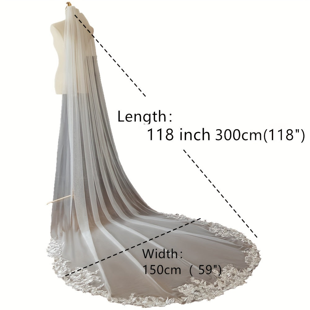 Wedding Veil Floor-Length Cathedral Lace Floral Edge Tulle Bridal Accessory