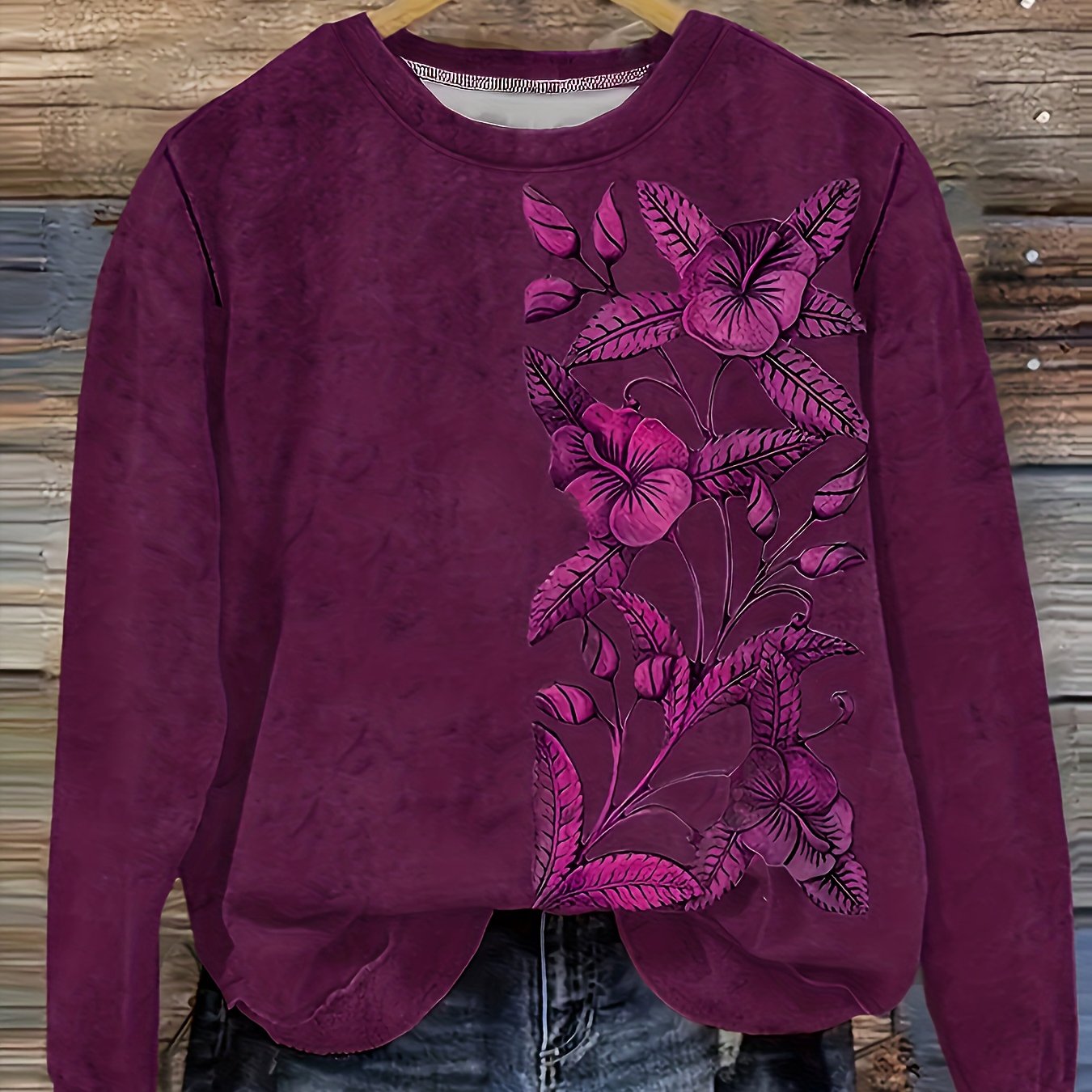Women's Long Sleeve Sweatshirt Cozy Floral Print Pullover Fall Winter Brown Orange