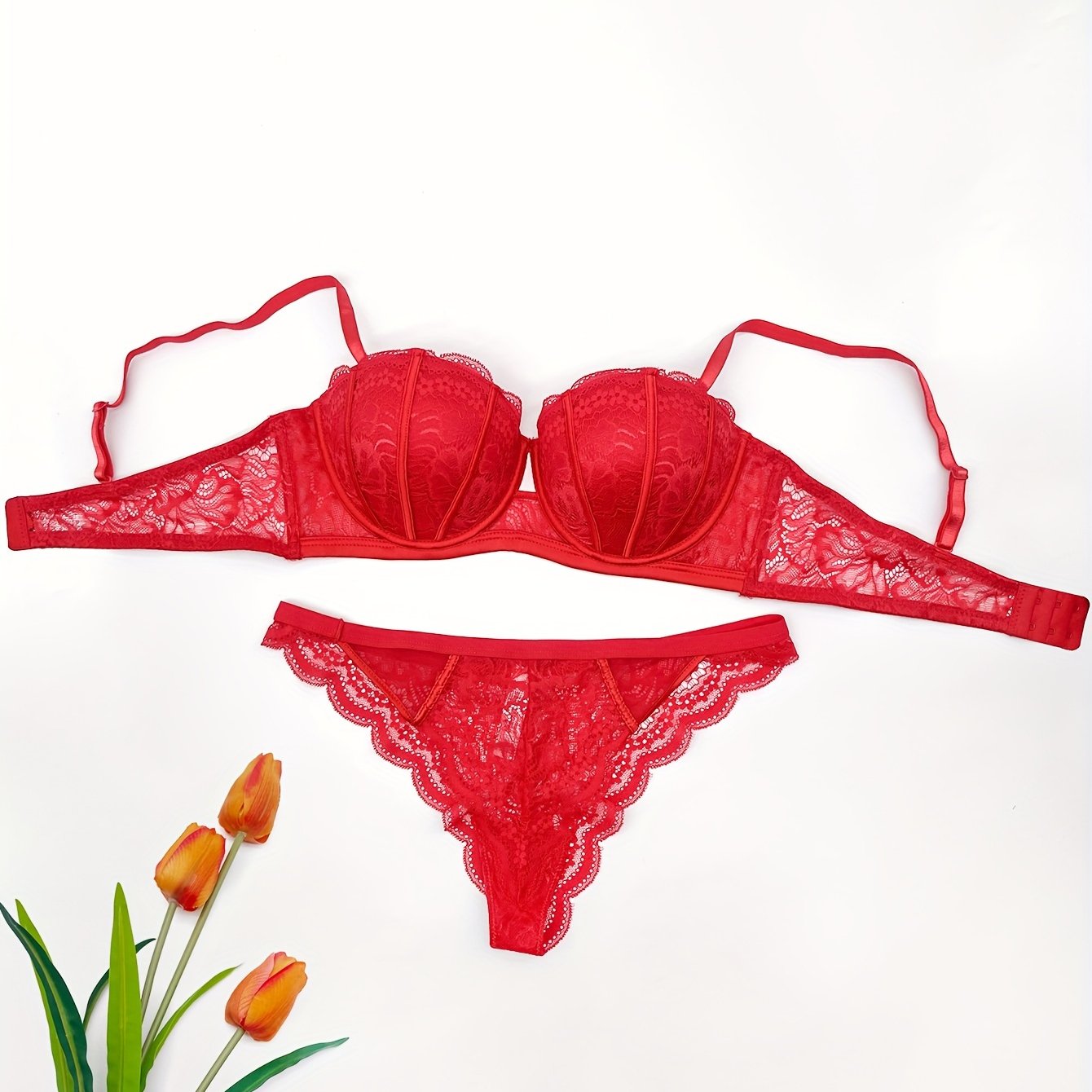 Women's Floral Lace Embroidered Push-Up Lingerie Set with Adjustable Bralette and Panty