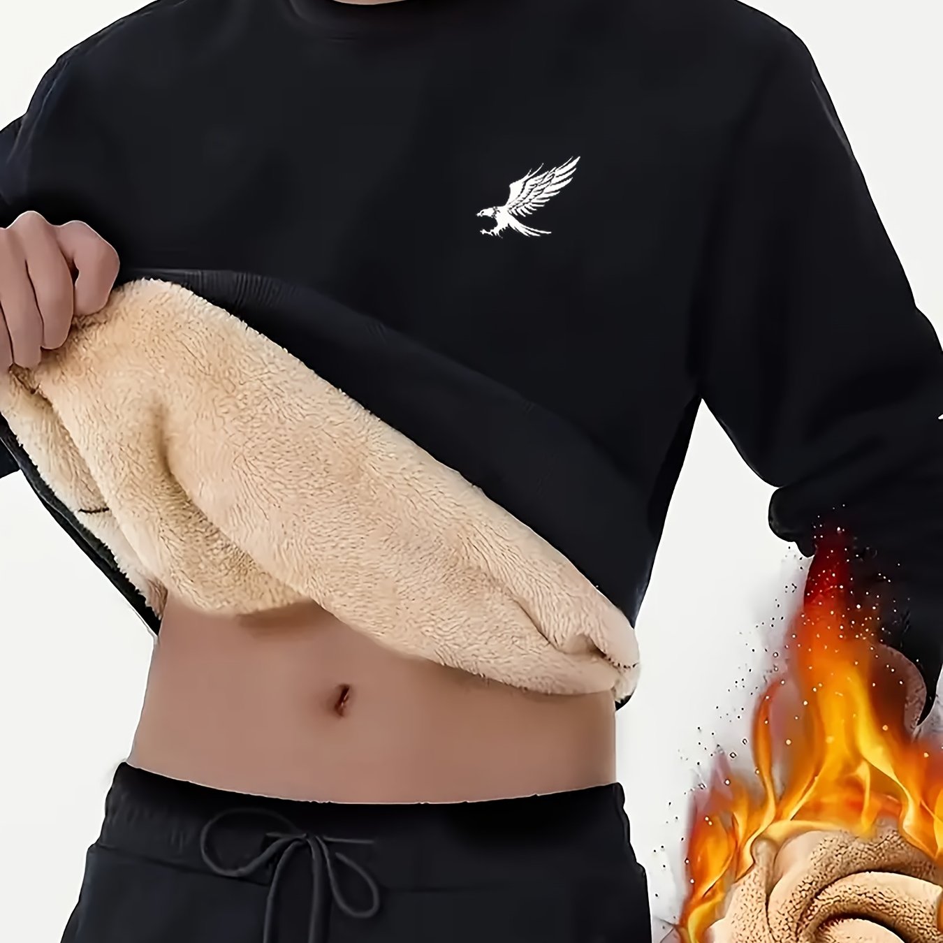 Erkaklar uchun ko'k rangli, qush emblemasi bilan bezatilgan, ichki qismi to'quv materialidan qilingan pullover. Kuz/qish qulayligi uchun 100% polyesterdan tayyorlangan.