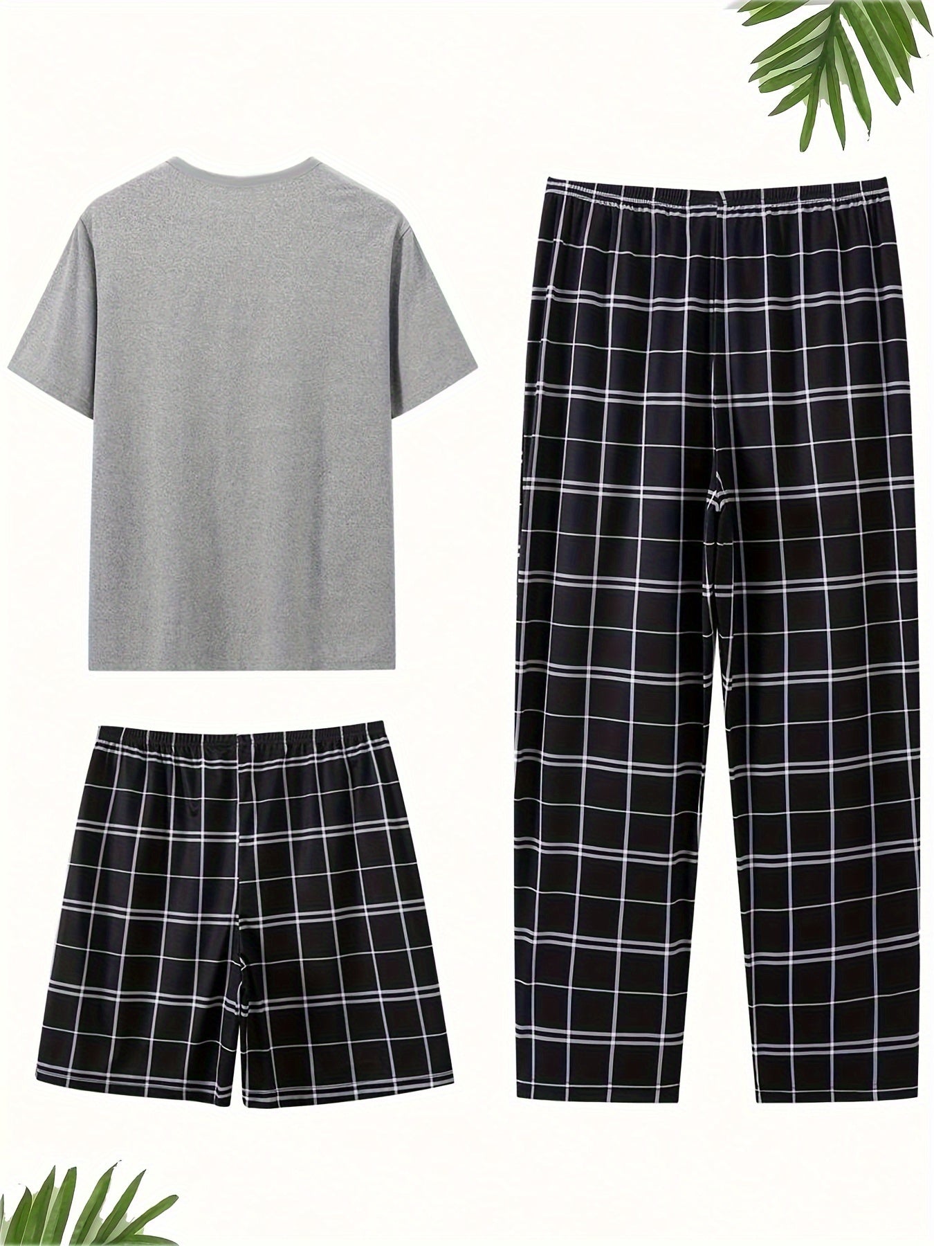 Men's 3-Piece Pajama Set Black White Polyester Blend Short Sleeve Tee Plaid Pocket
