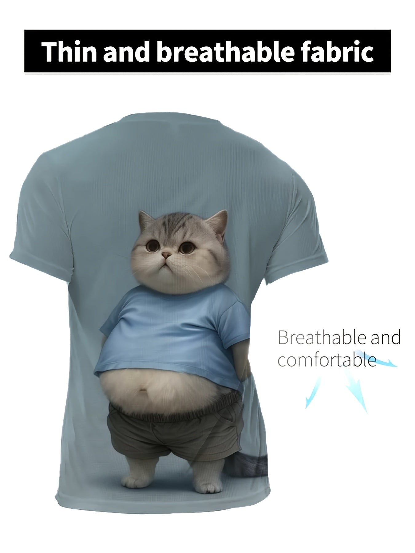 Camiseta de manga corta de poliéster tricotado con impresión de gato 3D para adultos y adolescentes, casual, verano, primavera, otoño