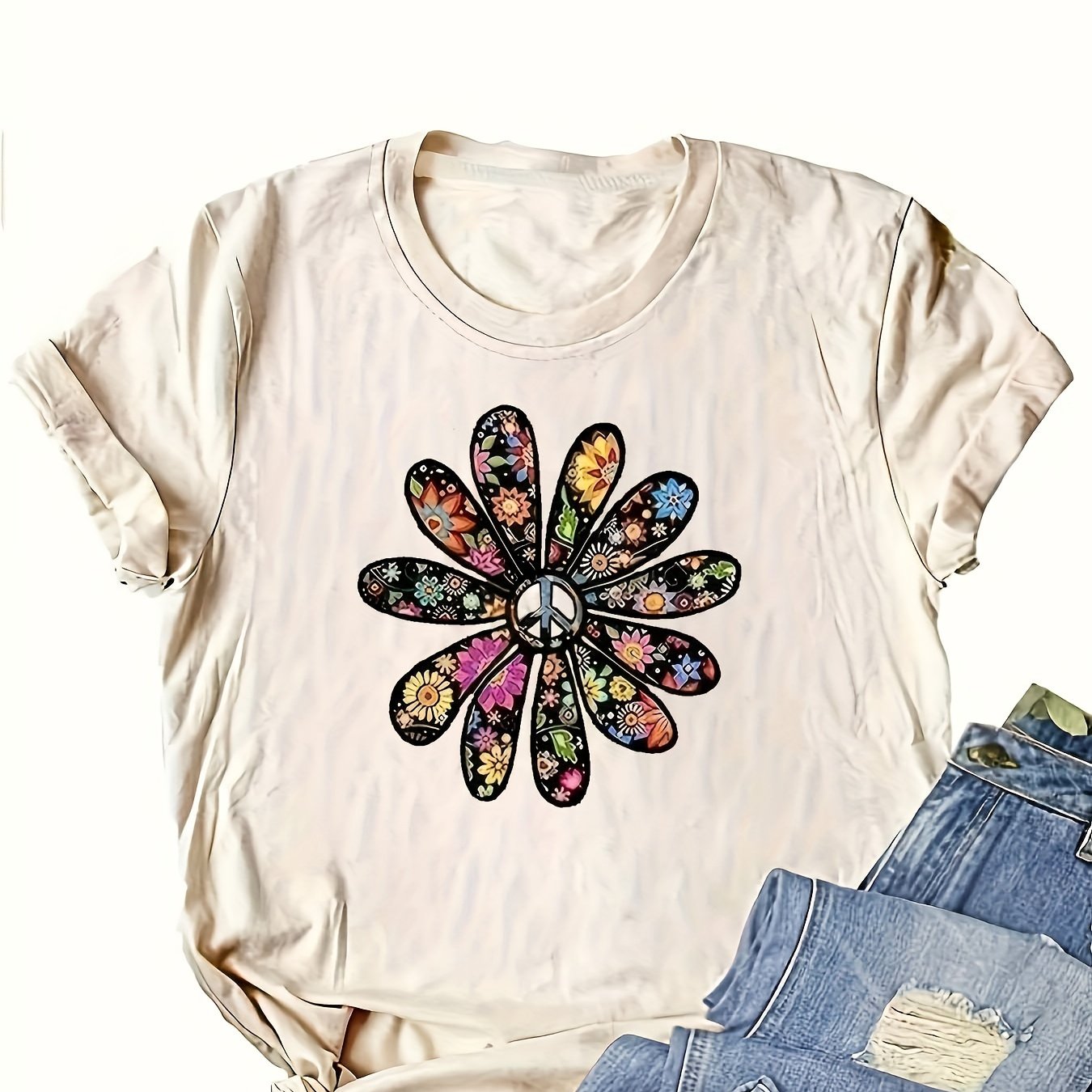 Women's Short Sleeve T-Shirt Vibrant Orange Geometric Floral Summer Top