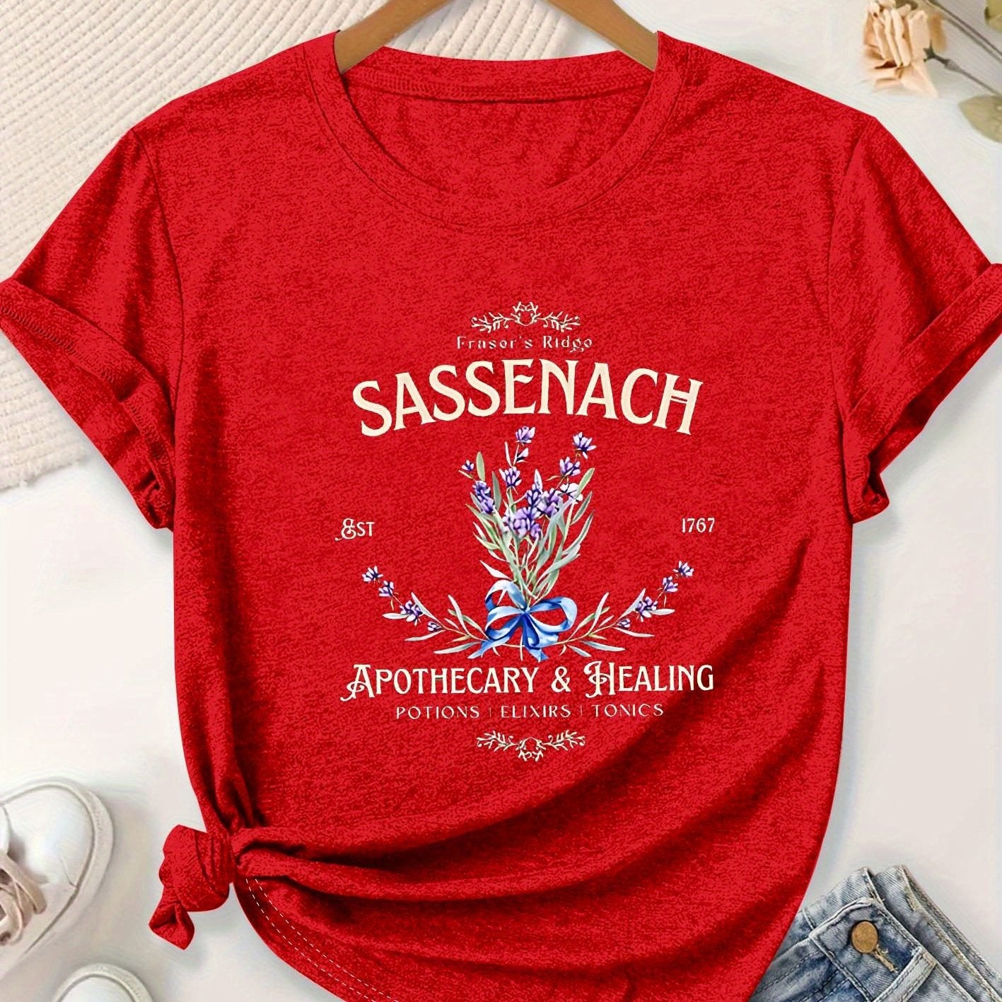 Plus Size Women's Lavender Letter Print Casual T-Shirt Floral Short Sleeve