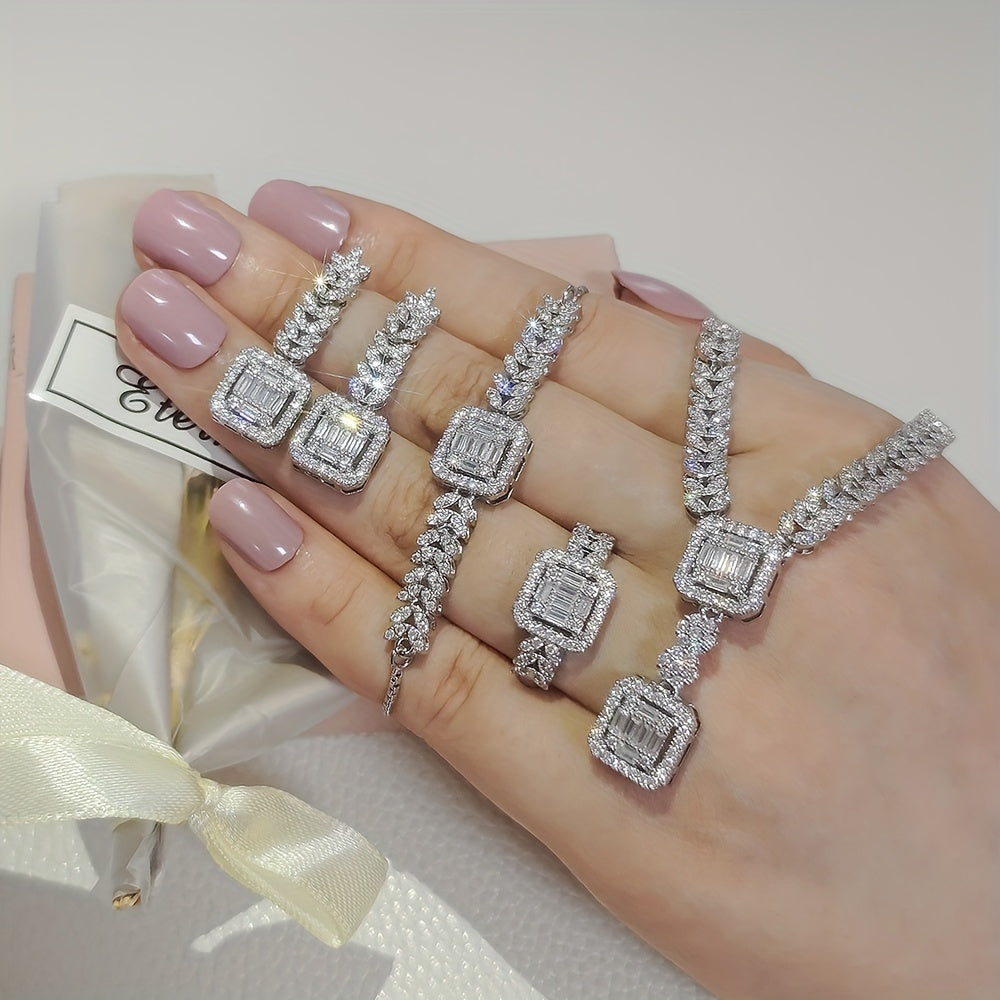 Elegant 4-Piece Jewelry Set Cubic Zirconia Necklace Earrings Bracelet Ring for Weddings