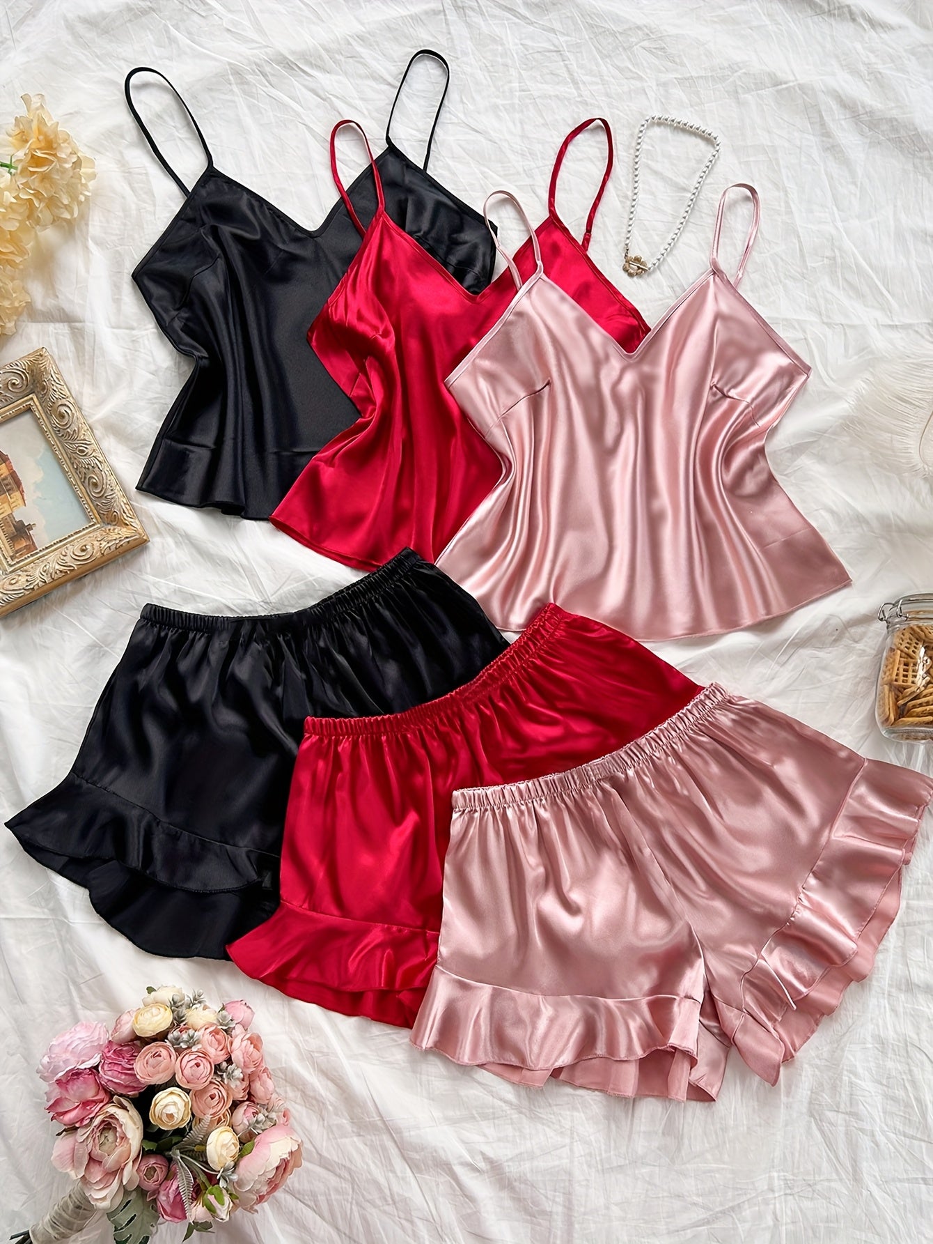 Plus Size Satin Camisole with Ruffled Shorts Sleepwear Set for Women