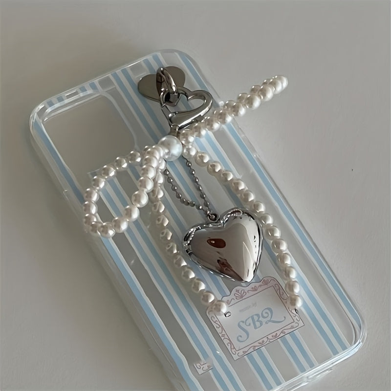 Large Heart-Shaped Metal Pendant with Pearl Bow for Women Girls Mobile Phone Camera Bag Keychain