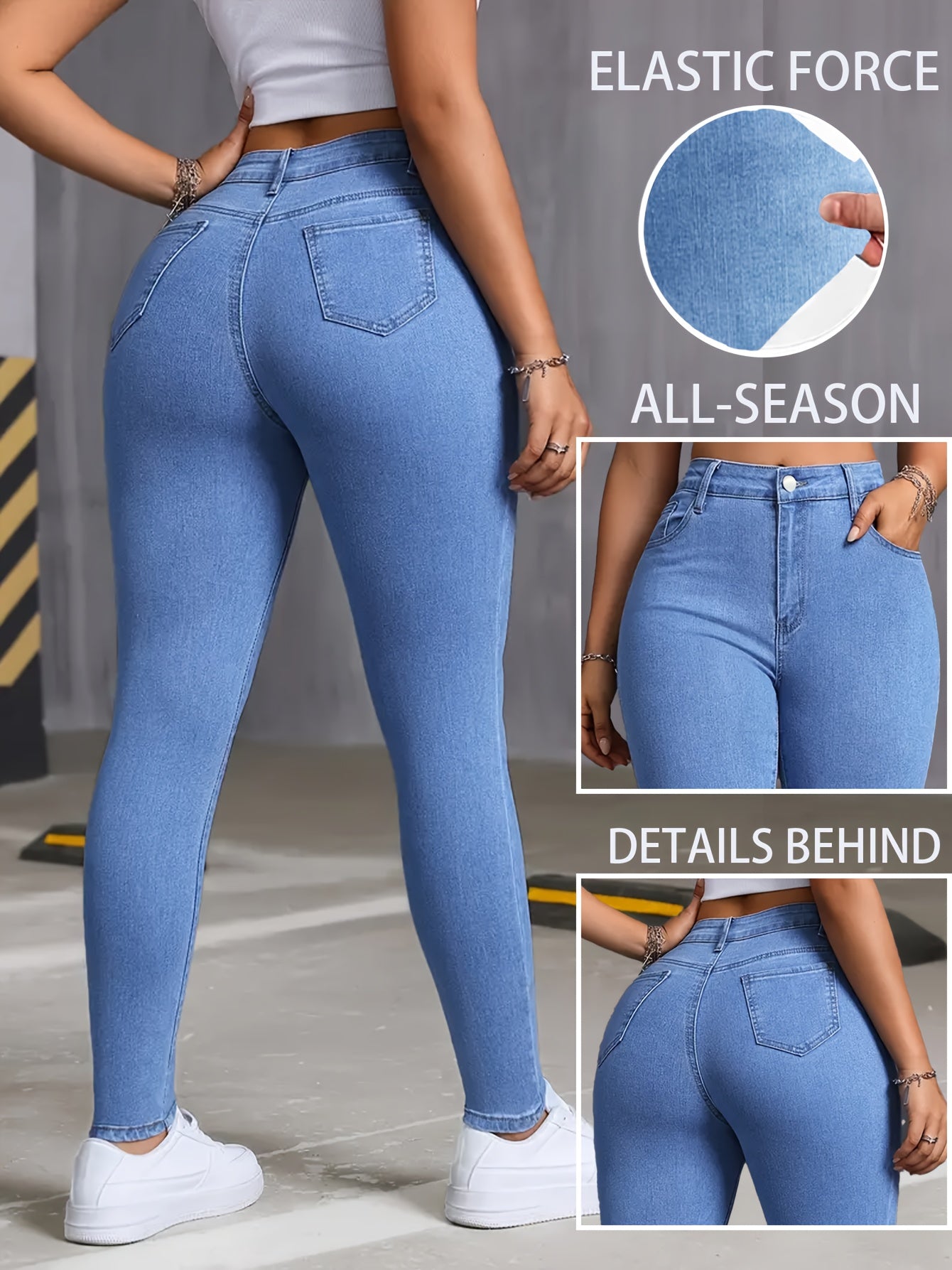 Jeans ajustados de talle alto para mujer de talla grande en mezclilla elástica negra