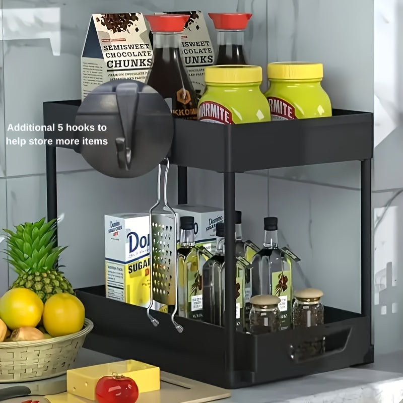 Organizador de dos niveles bajo el fregadero con ganchos para cestas deslizantes y cajón grande