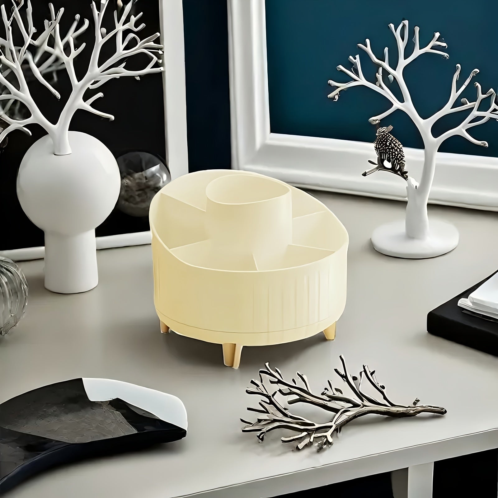 Pink and Gold Rotating Makeup Organizer with Multiple Compartments and Brush Holder