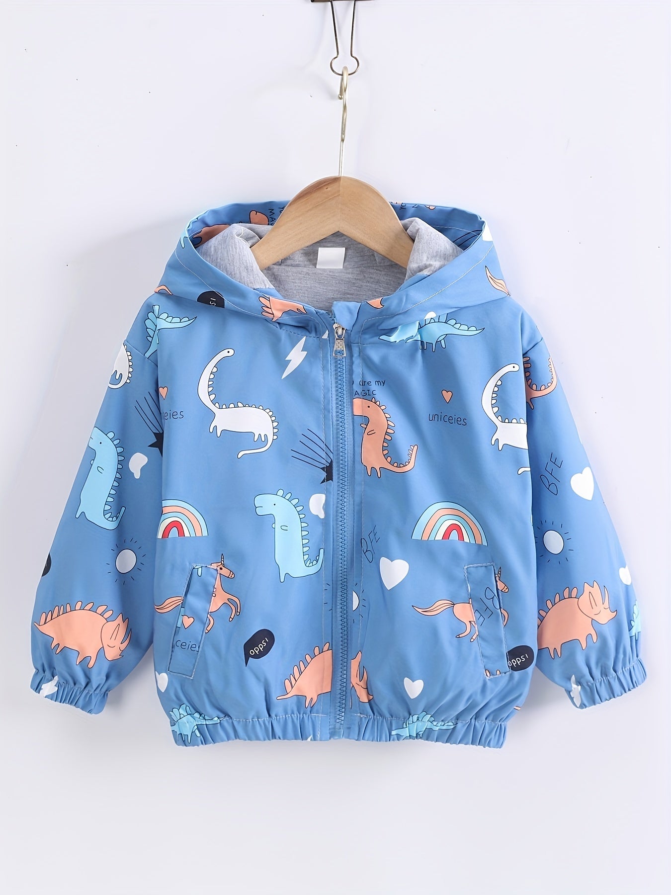 Boys Hooded Jacket with Cartoon Dinosaur and Rainbow Print Long Sleeve Zipper Outerwear