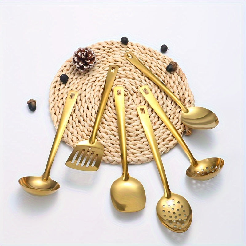 Juego de 6 utensilios de cocina de acero inoxidable en dorado, negro y plateado incluye espátula, cuchara para arroz, colador y cuchara para sopa