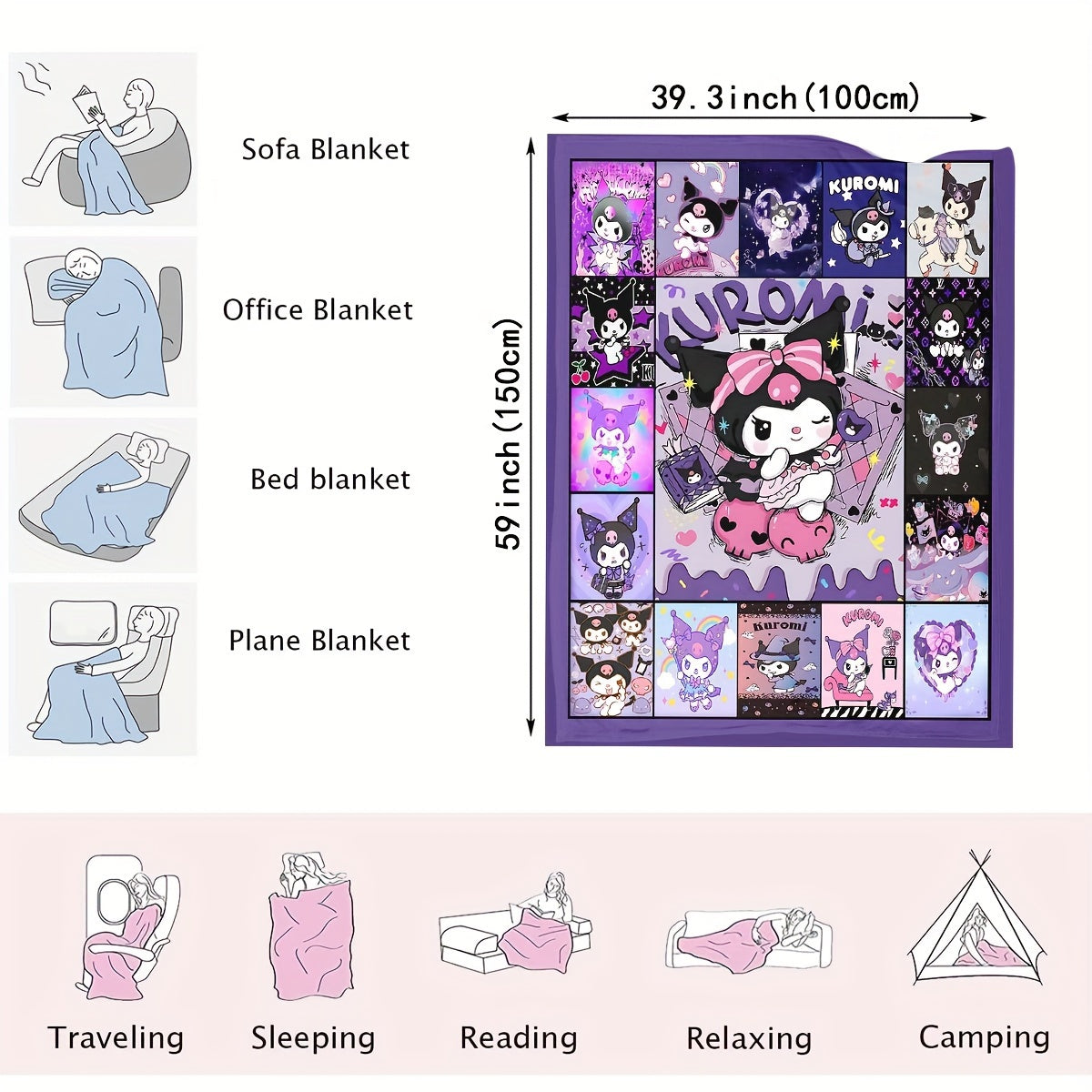 Kuromi Cartoon Flannel Throw Blanket for Kids and Adults Soft Cozy All-Season Bedding