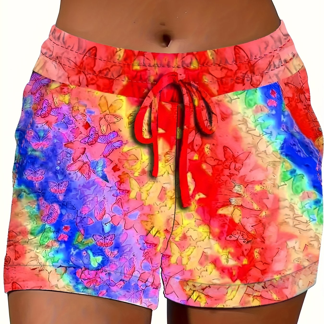 Шорты для женщин больших размеров casual с принтом бабочек, регулируемый пояс, легкая летняя ткань
