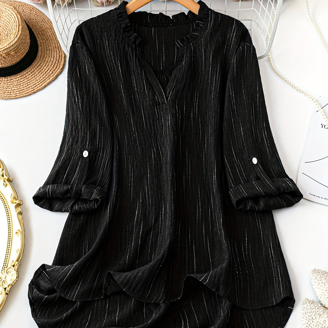 Plus Size Women's Elegant V-Neck Blouse with Button Details Polyester Woven Shirt