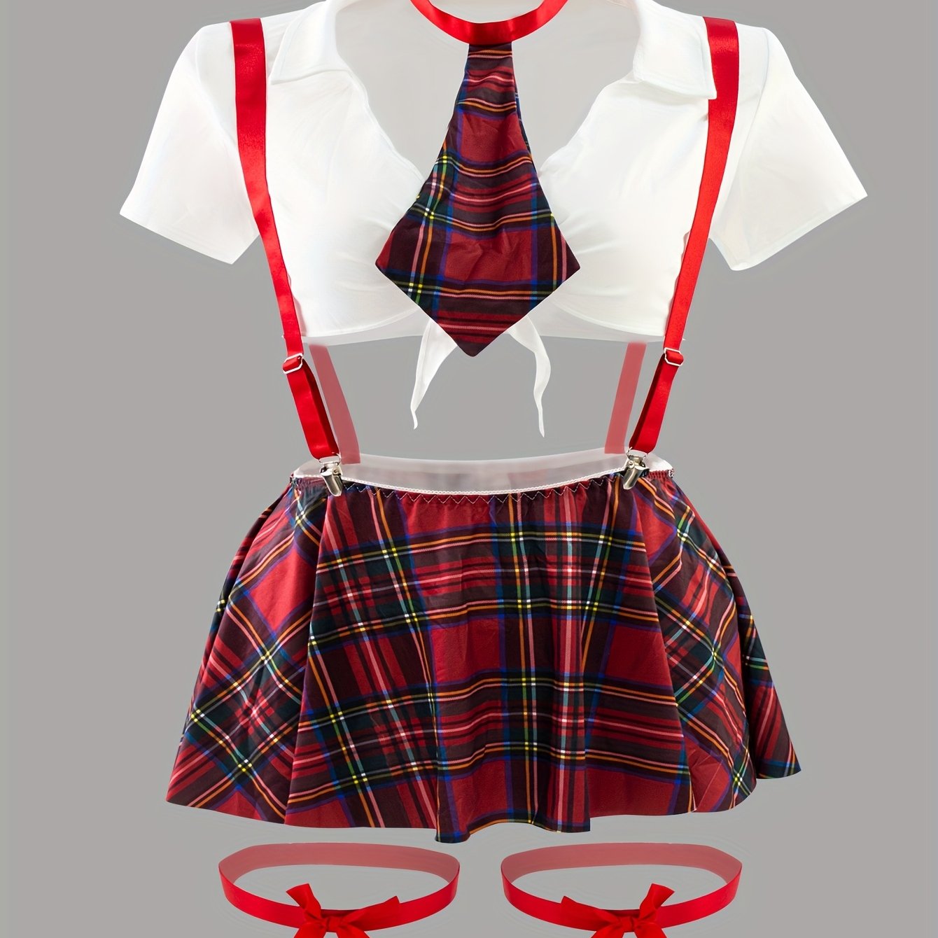 Plus Size Women's Role Play Uniform Set With Plaid Skirt Top Panties Bow Tie