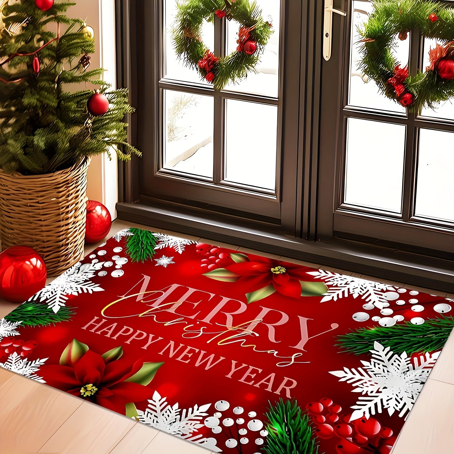 Christmas Red Door Mat Large Non-Slip Indoor Outdoor Entrance Rug Absorbent Flannel