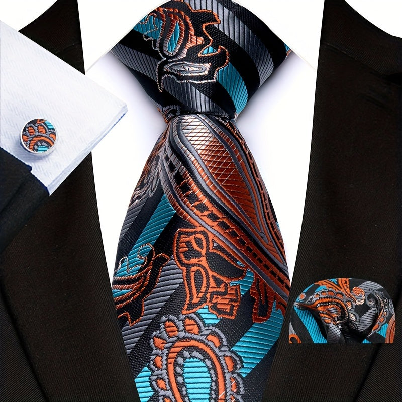 Men's Business Tie, Handkerchief, Cufflinks Set in Plaid and Stripe Designs