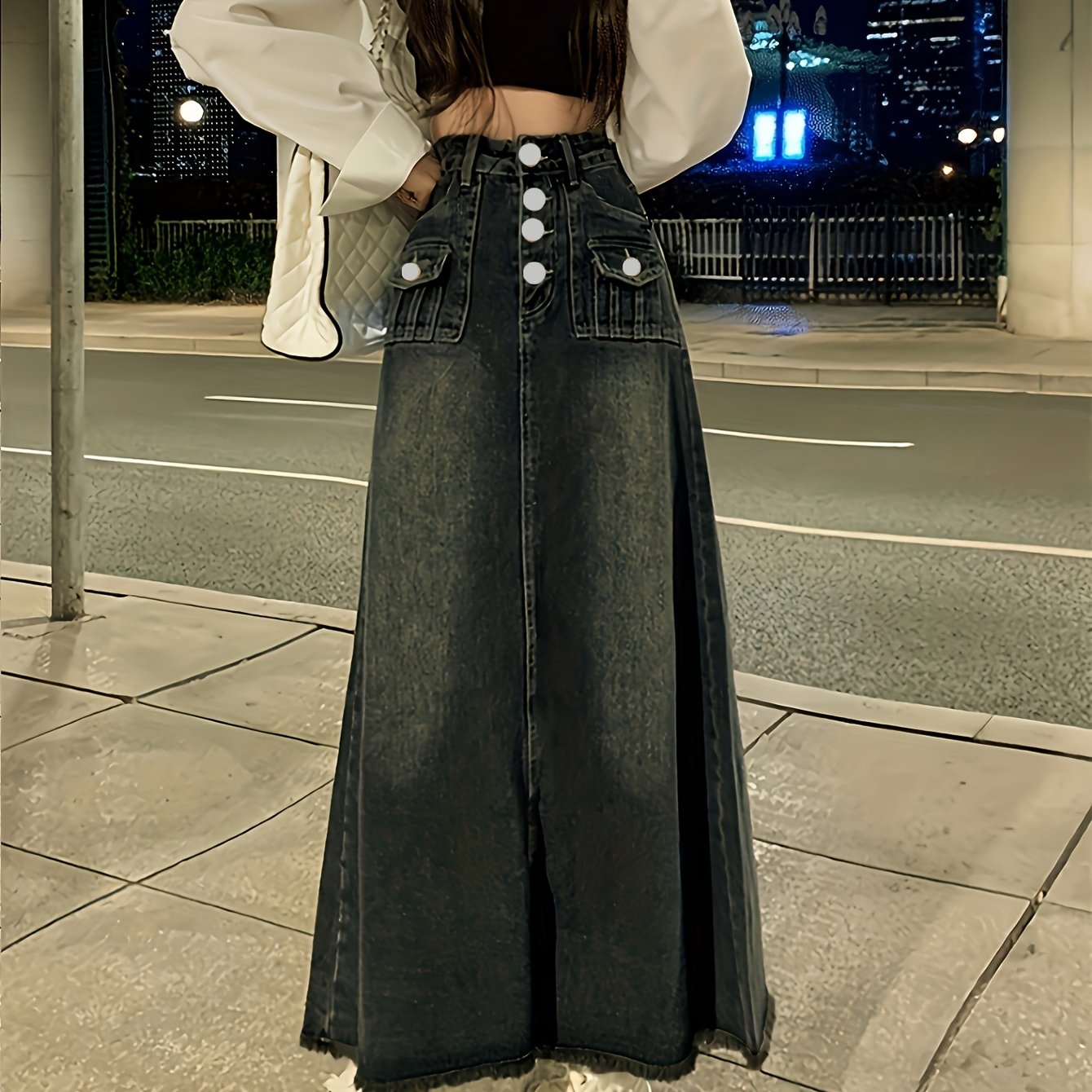 Women Denim Midi Skirt High-Waist Button Frayed Hem Casual Spring Summer Fall