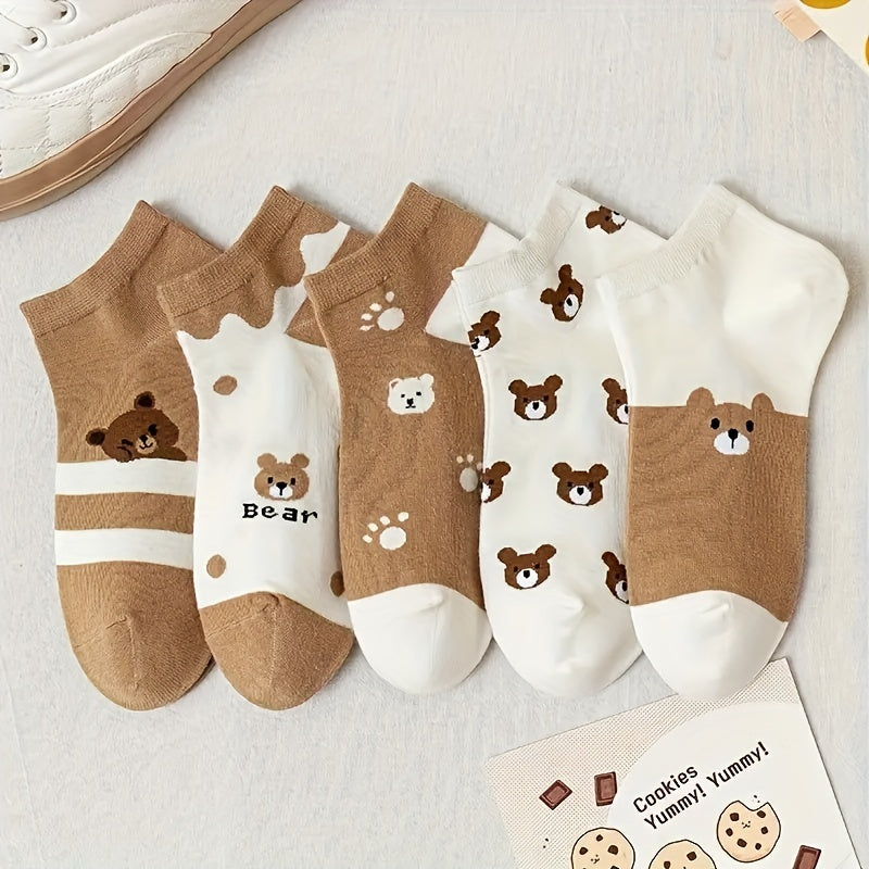 Women's Ankle Socks 5 Pairs Cute Bear Pattern Lightweight Polyester Spandex