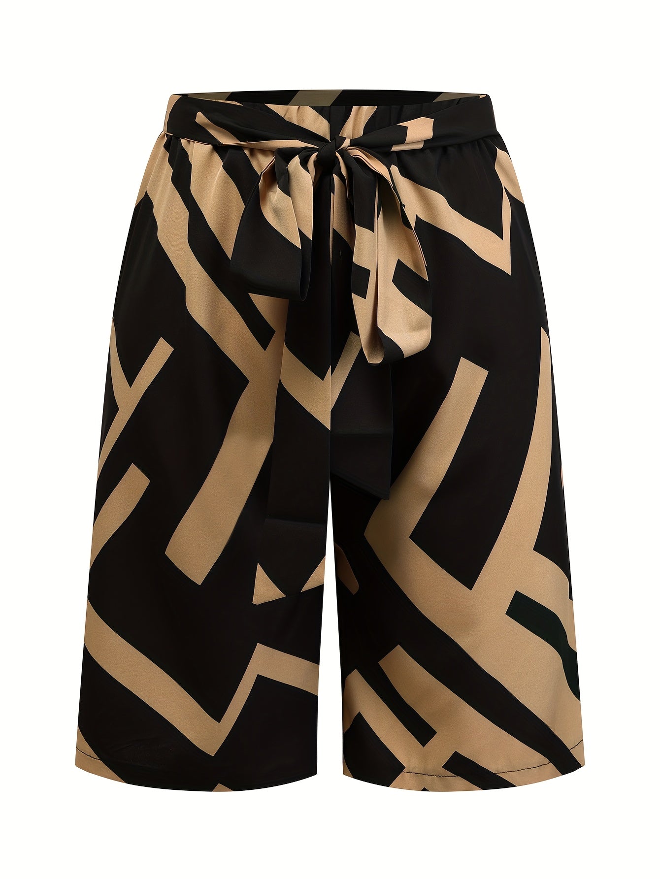 Брюки для женщин больших размеров с геометрическим принтом, повседневные с шнурком, черные с золотым