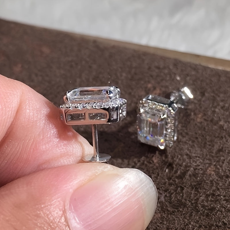 Sterling Silver Square Zirconia Stud Earrings for Women Wedding Bridal