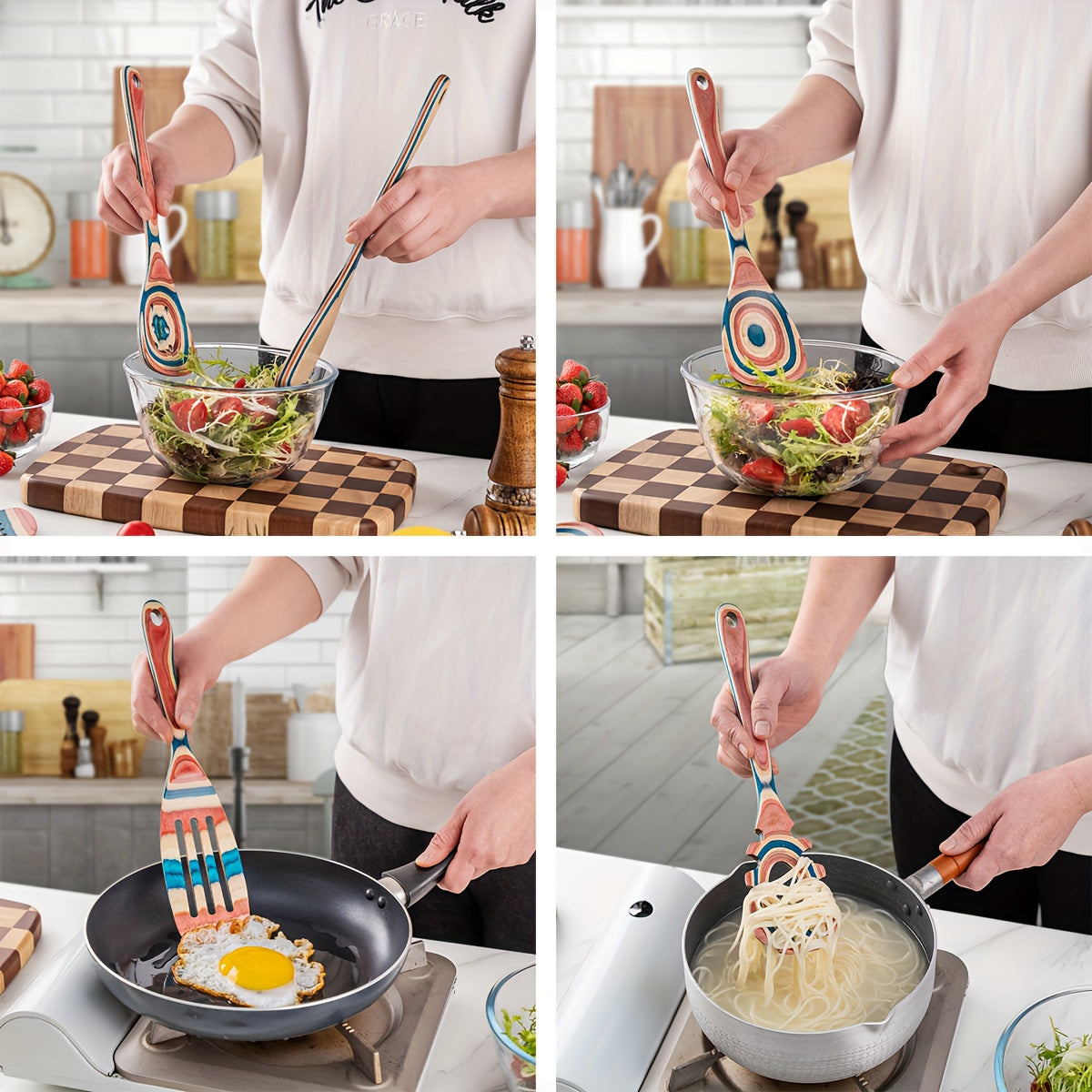 Set of 7 Colorful Wooden Kitchen Utensils Heat-Resistant Spatula Turner Spoon Fork Salad Servers