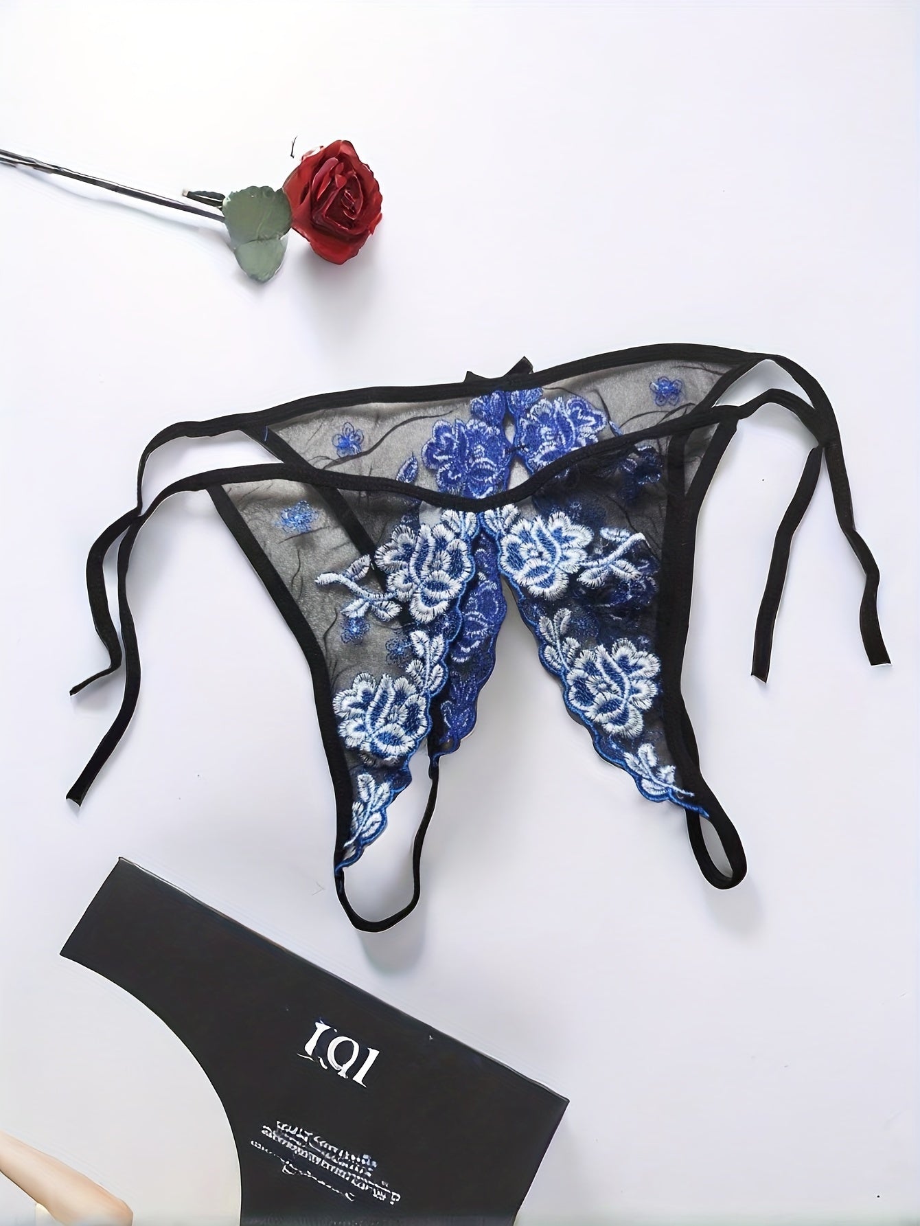 Women's Embroidered Floral Garter Thong Panties with Adjustable Slit and Knit Fabric