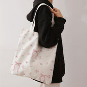 Pink Floral Tote Bag with Bow Reusable Canvas Shoulder Bag for Shopping and Daily Use