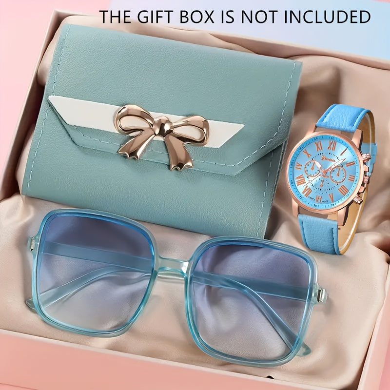 Women's Quartz Watch and Fashion Glasses Set with Bow Wallet
