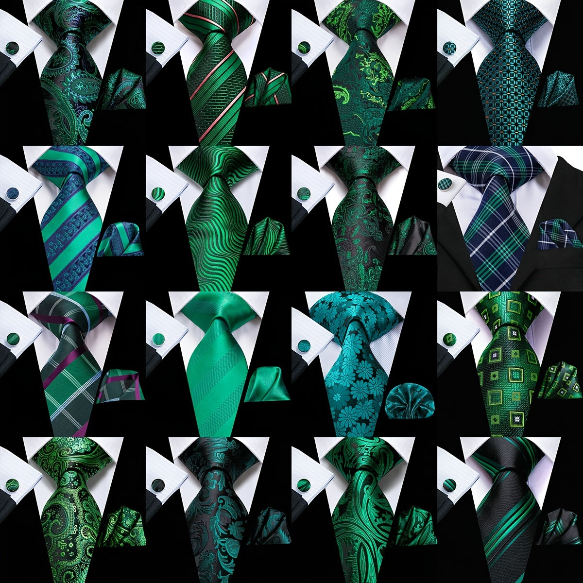 Men's Green Tie Set with Cufflinks and Pocket Square for Weddings and Business