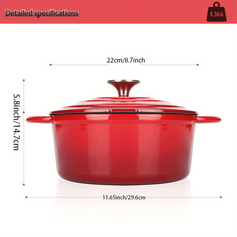 Красная 2 QT эмалированная чугунная голландская печь с крышкой, с двумя ручками - 20,32 см тяжелая кастрюля, идеальная для выпечки, рагу и супов. Непригарная, круглая посуда, идеально подходящая для домашних кухонь.