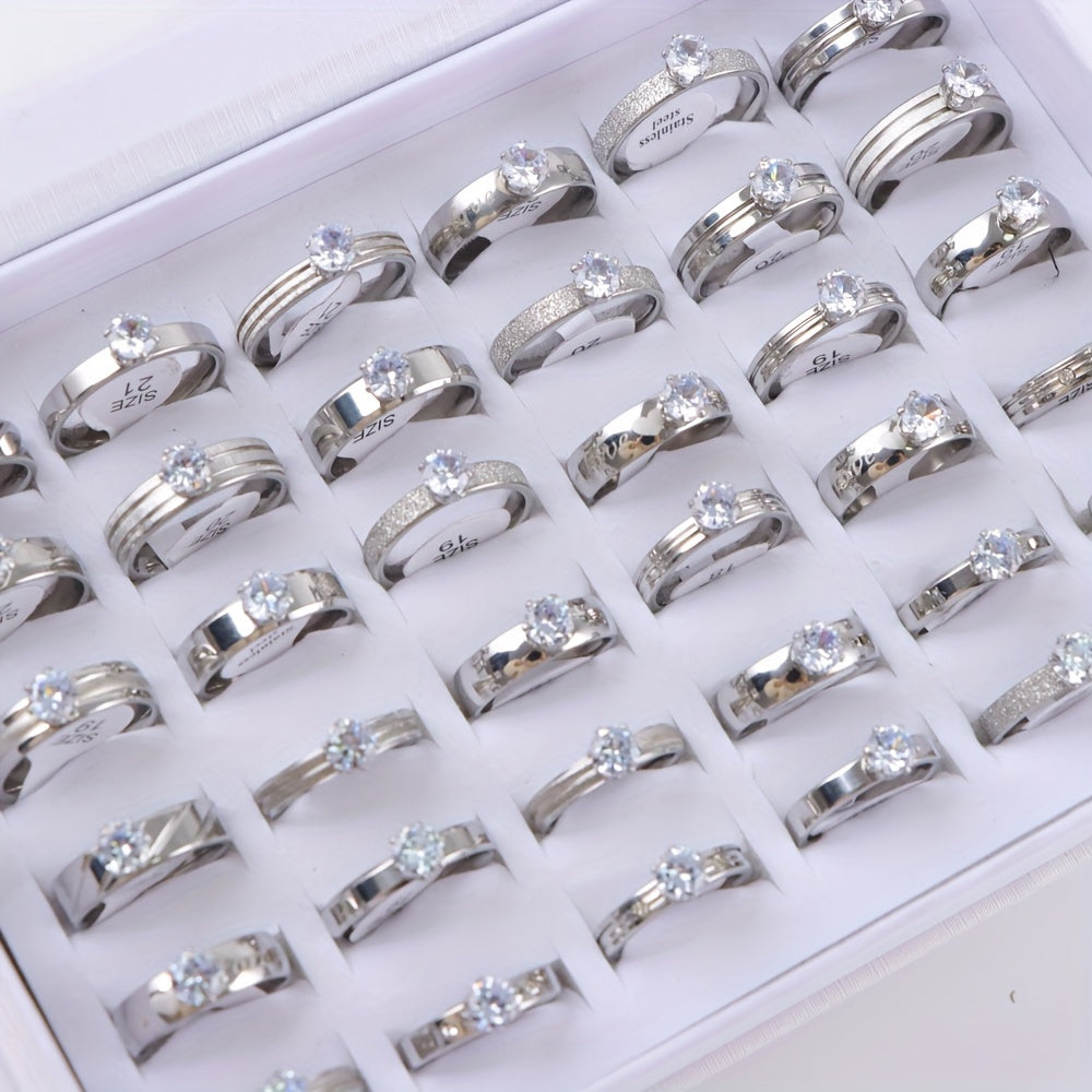 10pcs Women's Rhinestone Stainless Steel Rings Men Wedding Jewelry Accessories