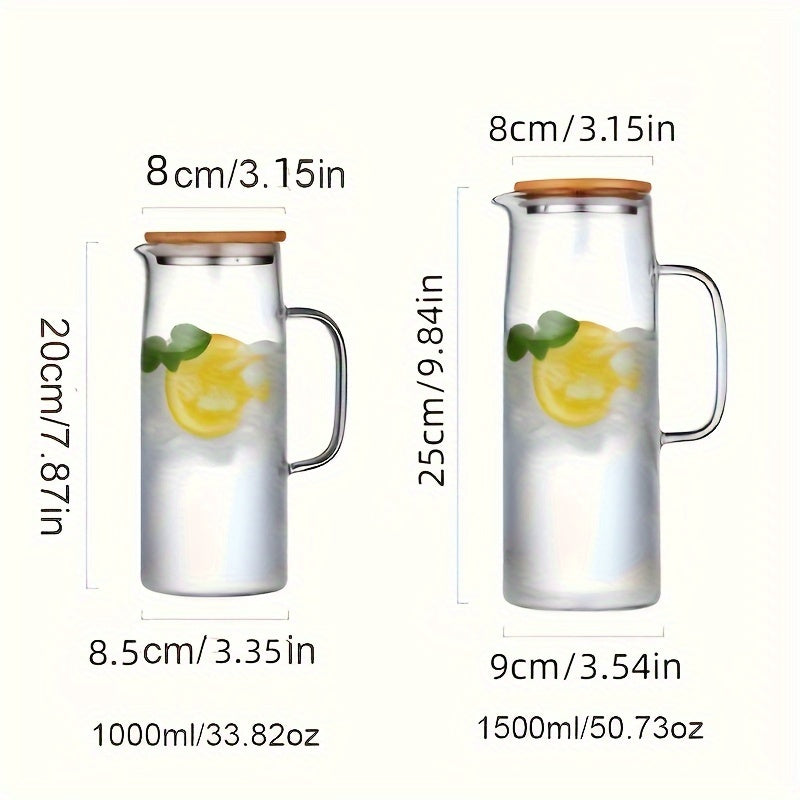 Glass Water Pitcher with Bamboo Lid 1000ml or 1500ml Round Shape Reusable