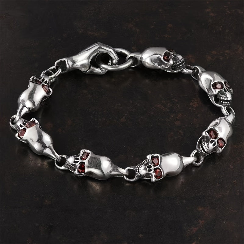 Sterling Silver Gothic Skull Bracelet with Red Eye Charm for Men and Women