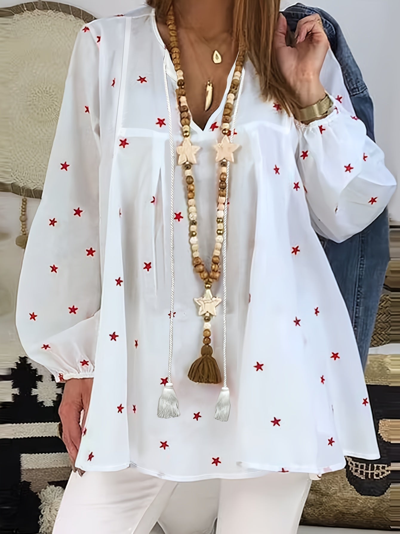 Women's Polyester V-Neck Shirt With Drawstring All-Season Oversized Blouse