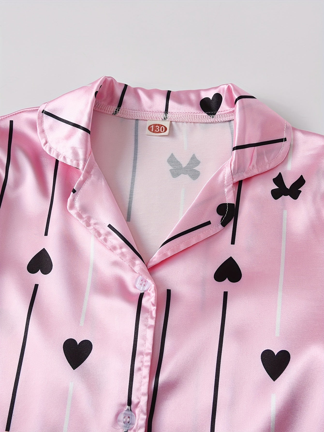 Girls Pajama Set with Heart-Shaped Bow Striped Floral Print Long Sleeve Cotton Casual