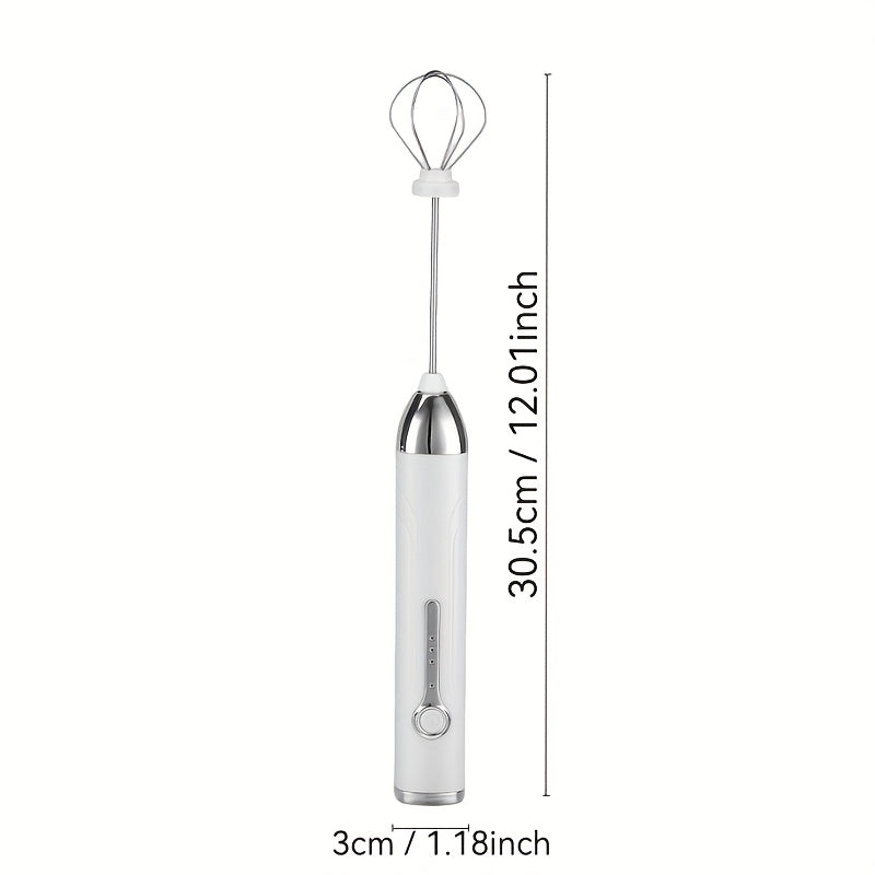 White Handheld Milk Frother with Stainless Steel Whisk and Interchangeable Heads