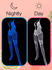 Ayollar uchun neon qorong'uda porlaydigan tarmoq bodystocking, Y2K klub kiyimlari uchun mukammal.