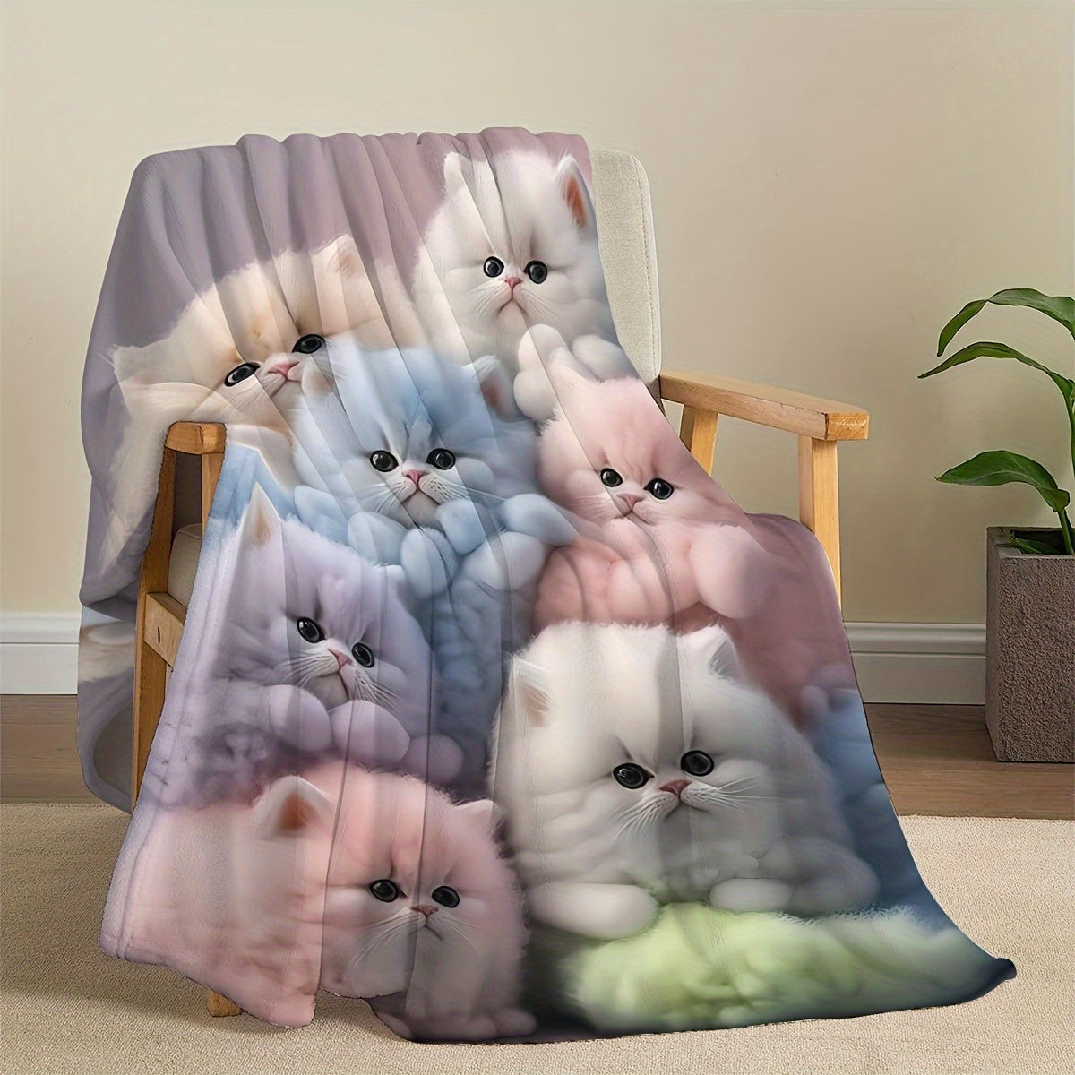 Flannel Blanket for Office Camping Home with Cute Kitten Design