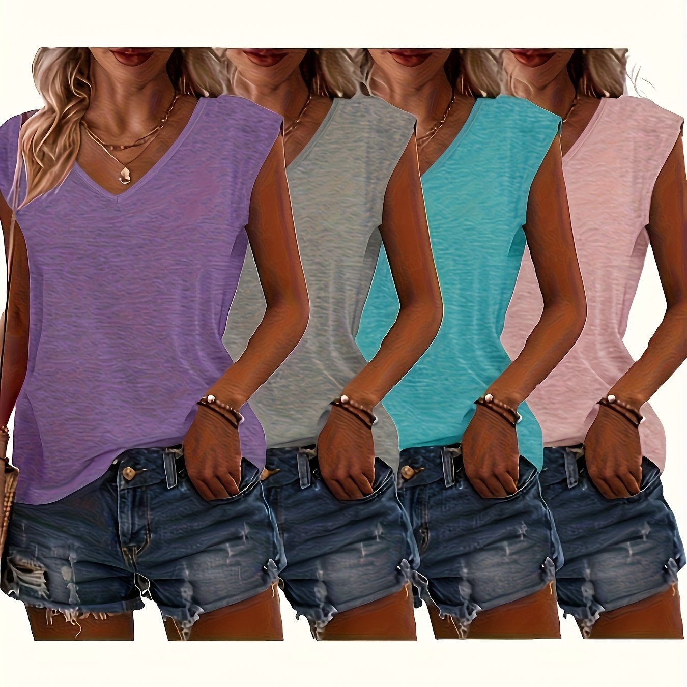 Camisetas de manga corta con escote en V para mujer, pack de 4, tops casuales de verano, rosa, negro, azul, beige